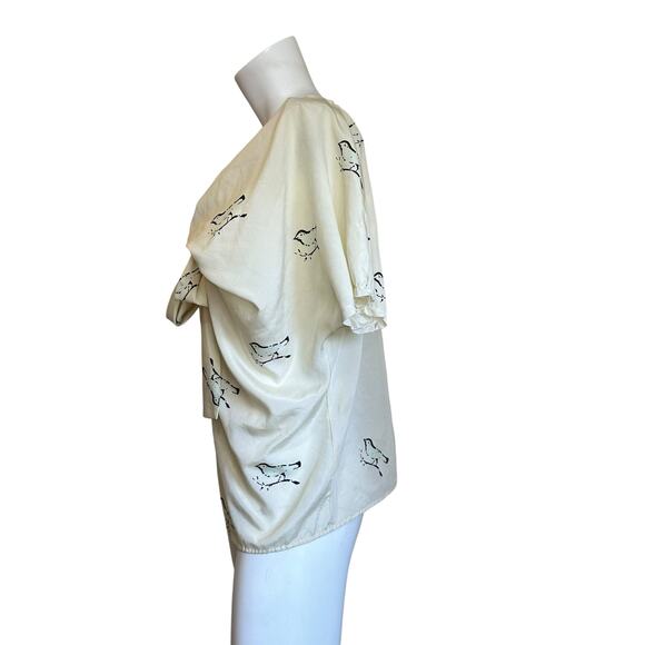 Anthropologie Girls from Savoy Novelty Bird Blouse Raw Trim Edges Cream sz 2 - Picture 4 of 10